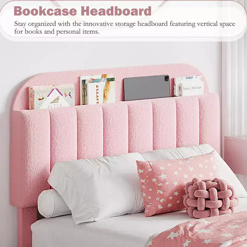 Estructura de cama con 2 cajones flexibles, estructura de cama tipo plataforma tapizada en bouclé con cabecero de estantería, cama individual para niños, no necesita somier