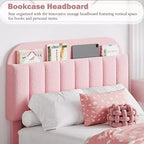 Estructura de cama con 2 cajones flexibles, estructura de cama tipo plataforma tapizada en bouclé con cabecero de estantería, cama individual para niños, no necesita somier