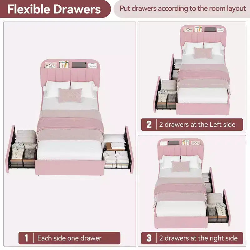 Estructura de cama con 2 cajones flexibles, estructura de cama tipo plataforma tapizada en bouclé con cabecero de estantería, cama individual para niños, no necesita somier