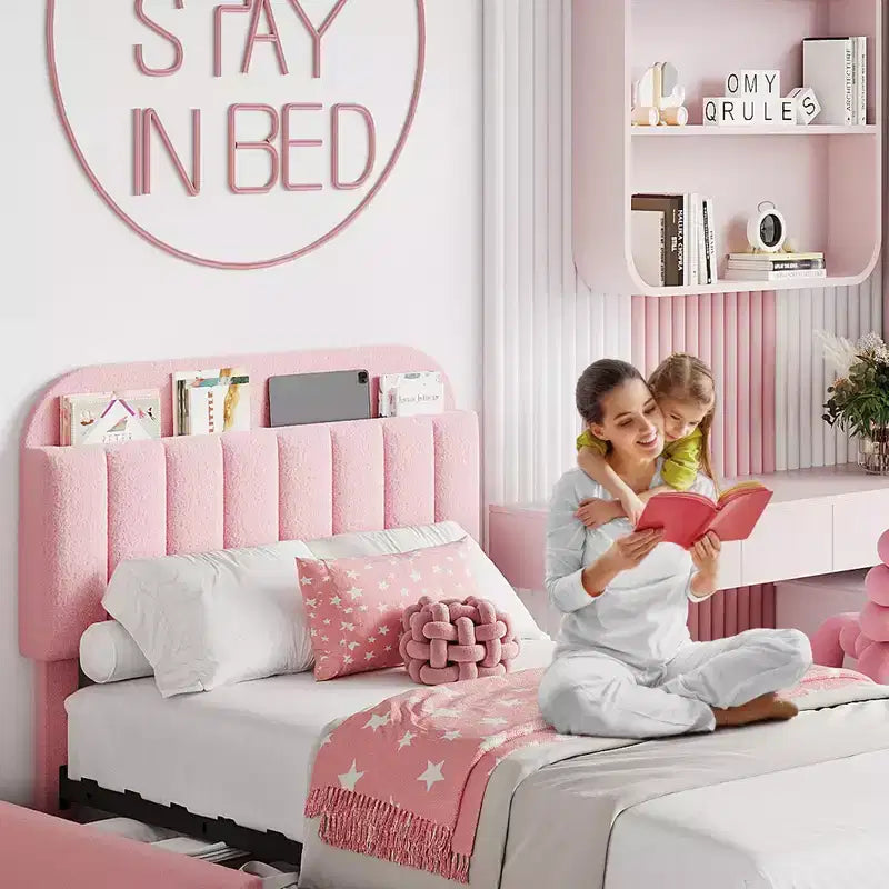Estructura de cama con 2 cajones flexibles, estructura de cama tipo plataforma tapizada en bouclé con cabecero de estantería, cama individual para niños, no necesita somier