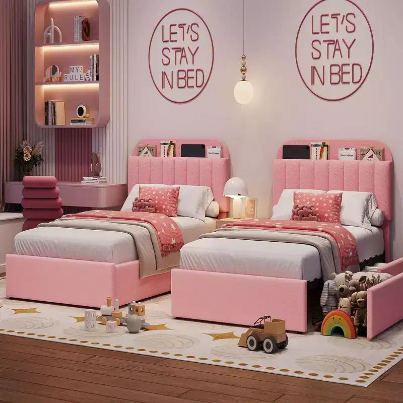Estructura de cama con 2 cajones flexibles, estructura de cama tipo plataforma tapizada en bouclé con cabecero de estantería, cama individual para niños, no necesita somier