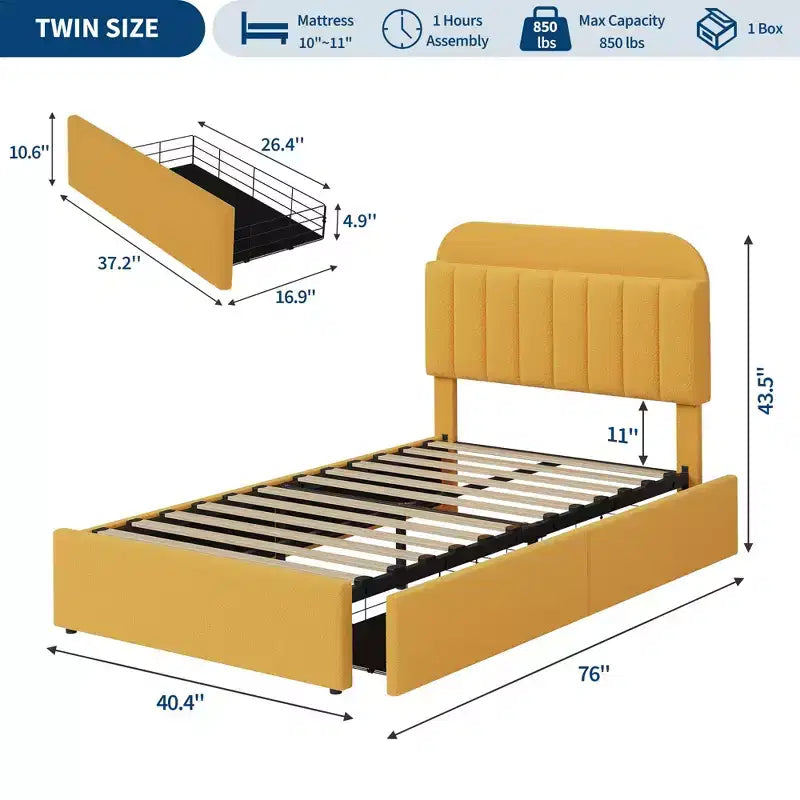 Estructura de cama con 2 cajones flexibles, estructura de cama tipo plataforma tapizada en bouclé con cabecero de estantería, cama individual para niños, no necesita somier