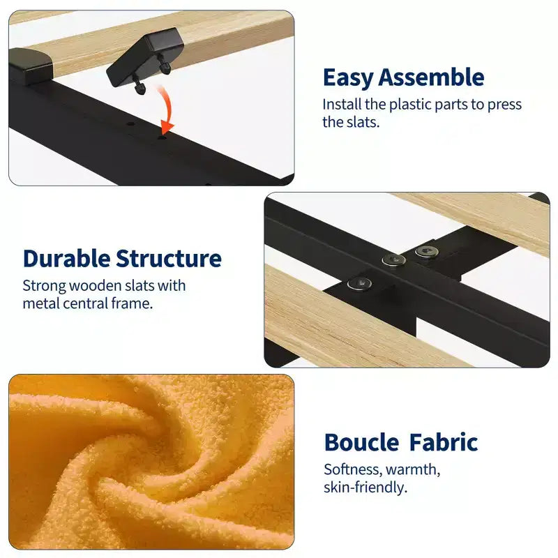 Estructura de cama con 2 cajones flexibles, estructura de cama tipo plataforma tapizada en bouclé con cabecero de estantería, cama individual para niños, no necesita somier