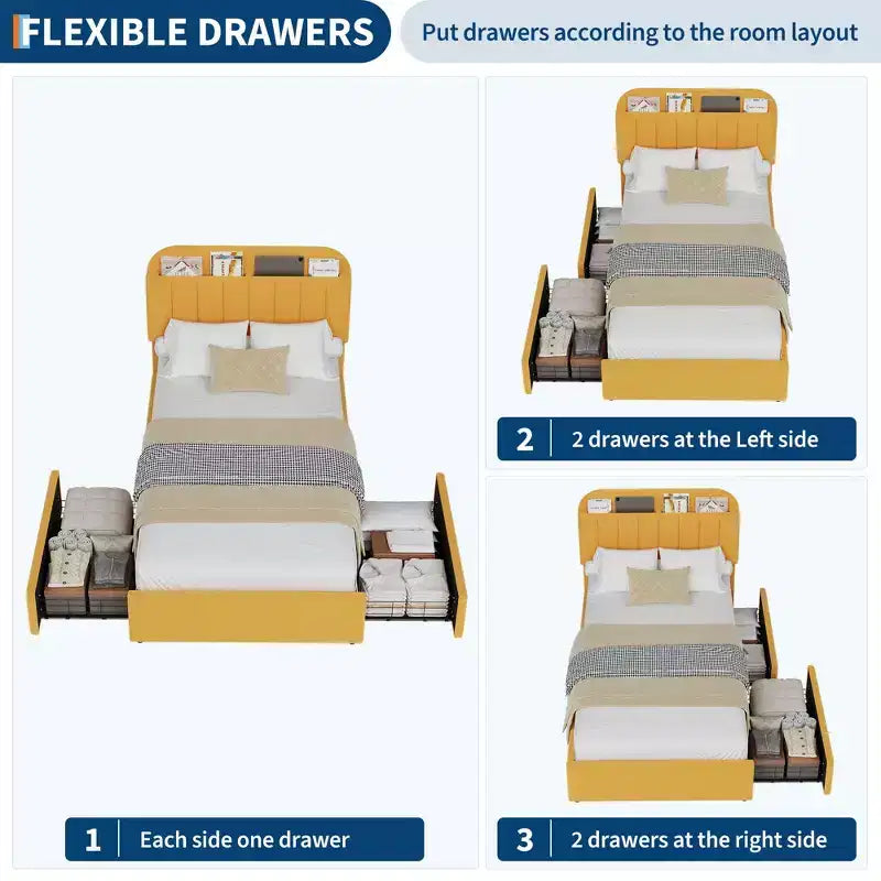 Estructura de cama con 2 cajones flexibles, estructura de cama tipo plataforma tapizada en bouclé con cabecero de estantería, cama individual para niños, no necesita somier