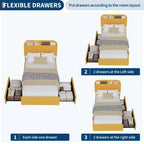 Estructura de cama con 2 cajones flexibles, estructura de cama tipo plataforma tapizada en bouclé con cabecero de estantería, cama individual para niños, no necesita somier