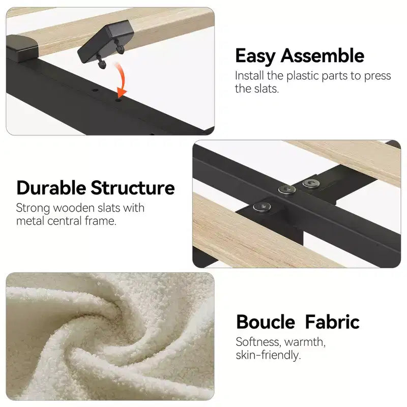 Estructura de cama con 2 cajones flexibles, estructura de cama tipo plataforma tapizada en bouclé con cabecero de estantería, cama individual para niños, no necesita somier
