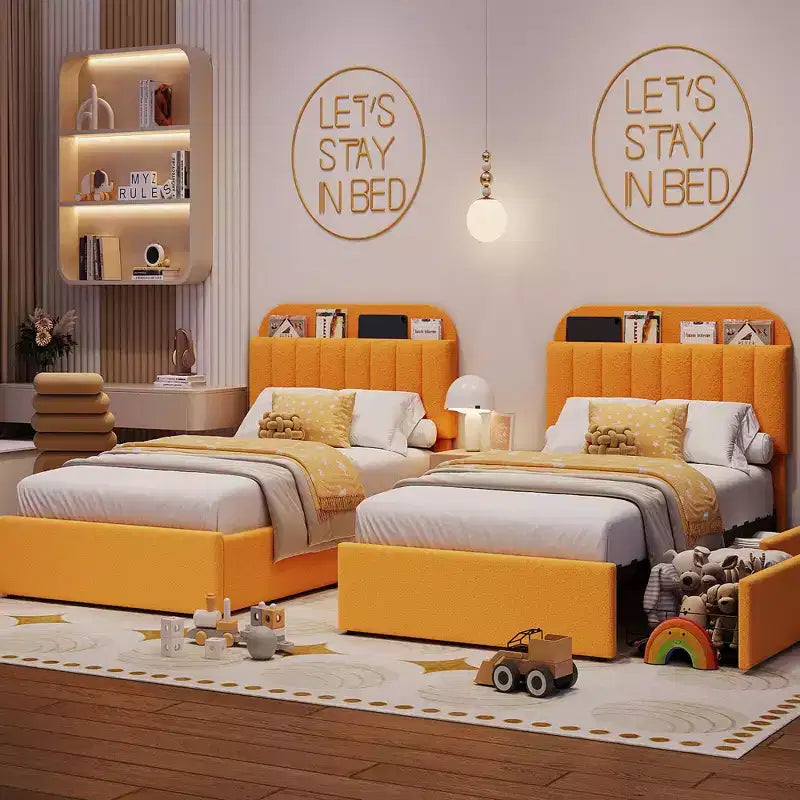 Estructura de cama con 2 cajones flexibles, estructura de cama tipo plataforma tapizada en bouclé con cabecero de estantería, cama individual para niños, no necesita somier