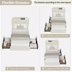 Estructura de cama con 2 cajones flexibles, estructura de cama tipo plataforma tapizada en bouclé con cabecero de estantería, cama individual para niños, no necesita somier