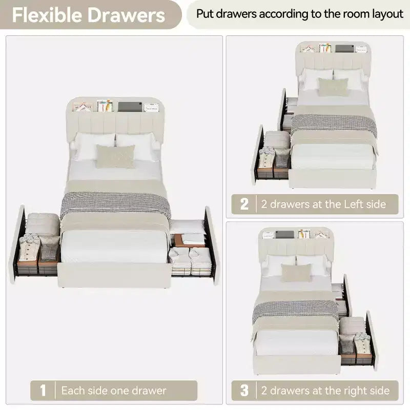 Estructura de cama con 2 cajones flexibles, estructura de cama tipo plataforma tapizada en bouclé con cabecero de estantería, cama individual para niños, no necesita somier