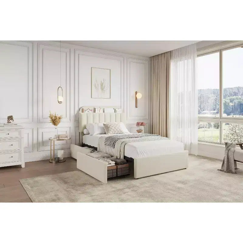 Estructura de cama con 2 cajones flexibles, estructura de cama tipo plataforma tapizada en bouclé con cabecero de estantería, cama individual para niños, no necesita somier