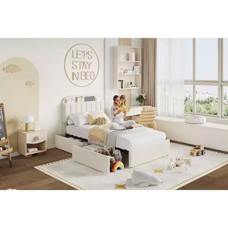 Estructura de cama con 2 cajones flexibles, estructura de cama tipo plataforma tapizada en bouclé con cabecero de estantería, cama individual para niños, no necesita somier