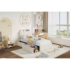 Estructura de cama con 2 cajones flexibles, estructura de cama tipo plataforma tapizada en bouclé con cabecero de estantería, cama individual para niños, no necesita somier