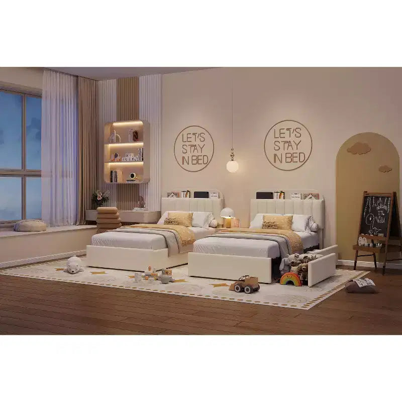 Estructura de cama con 2 cajones flexibles, estructura de cama tipo plataforma tapizada en bouclé con cabecero de estantería, cama individual para niños, no necesita somier