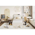 Bed Frame with 2 Flexible Drawers, Boucle Upholstered Platform Bed Frame with Bookcase Headboard, Twin Bed for Kids, No Box Spring Needed