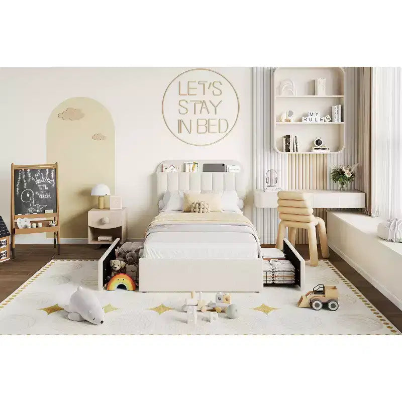 Bed Frame with 2 Flexible Drawers, Boucle Upholstered Platform Bed Frame with Bookcase Headboard, Twin Bed for Kids, No Box Spring Needed