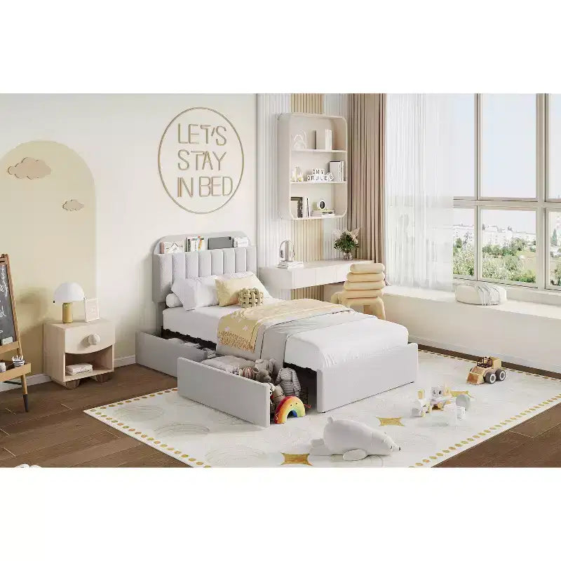 Estructura de cama con 2 cajones flexibles, estructura de cama tipo plataforma tapizada en bouclé con cabecero de estantería, cama individual para niños, no necesita somier