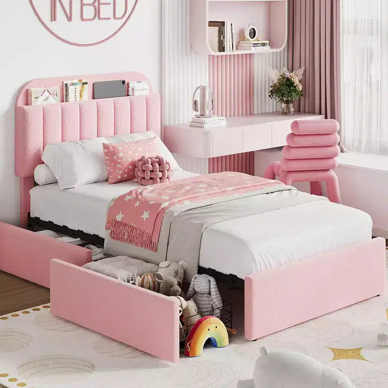 Estructura de cama con 2 cajones flexibles, estructura de cama tipo plataforma tapizada en bouclé con cabecero de estantería, cama individual para niños, no necesita somier