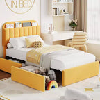 Estructura de cama con 2 cajones flexibles, estructura de cama tipo plataforma tapizada en bouclé con cabecero de estantería, cama individual para niños, no necesita somier