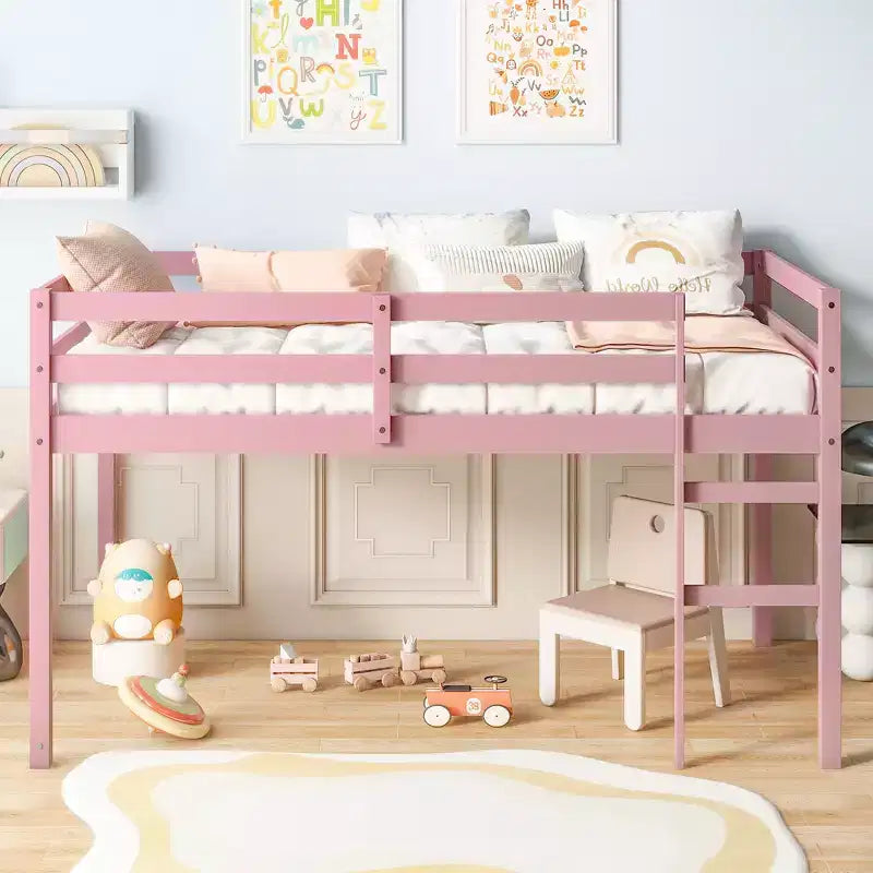 MAYEERTY Twin Loft Bed Solid Rubber Wooden with Ladder Bed Platform of Strengthened Slats Pink