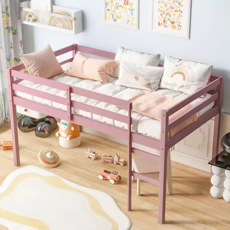 Cama alta doble de madera de caucho macizo con escalera, plataforma de cama con listones reforzados, rosa