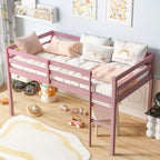 Cama alta doble de madera de caucho macizo con escalera, plataforma de cama con listones reforzados, rosa