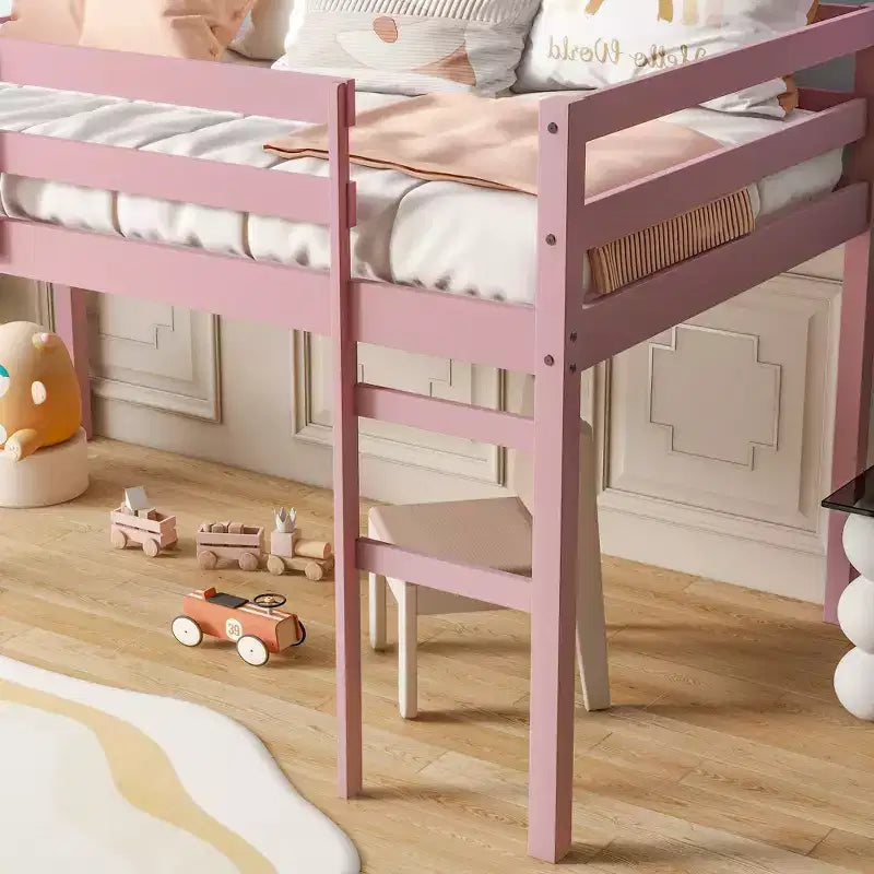Cama alta doble de madera de caucho macizo con escalera, plataforma de cama con listones reforzados, rosa