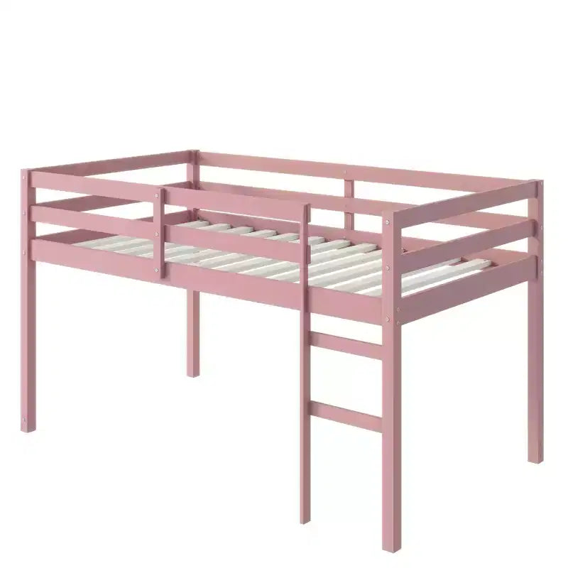 Cama alta doble de madera de caucho macizo con escalera, plataforma de cama con listones reforzados, rosa