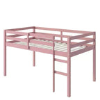 Cama alta doble de madera de caucho macizo con escalera, plataforma de cama con listones reforzados, rosa