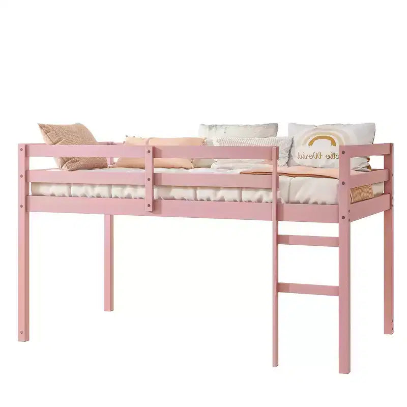Cama alta doble de madera de caucho macizo con escalera, plataforma de cama con listones reforzados, rosa