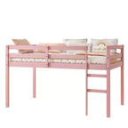 Cama alta doble de madera de caucho macizo con escalera, plataforma de cama con listones reforzados, rosa