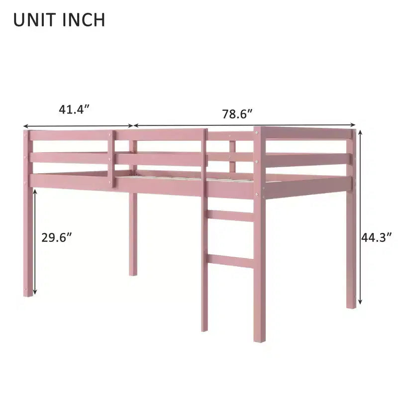 Cama alta doble de madera de caucho macizo con escalera, plataforma de cama con listones reforzados, rosa