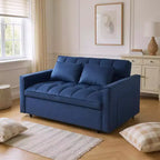 MAYEERTY Adjustable Backrest Sofa Bed Corduroy Upholstered Wooden 2 Seater Sofa Variable Bed for Living Room Blue