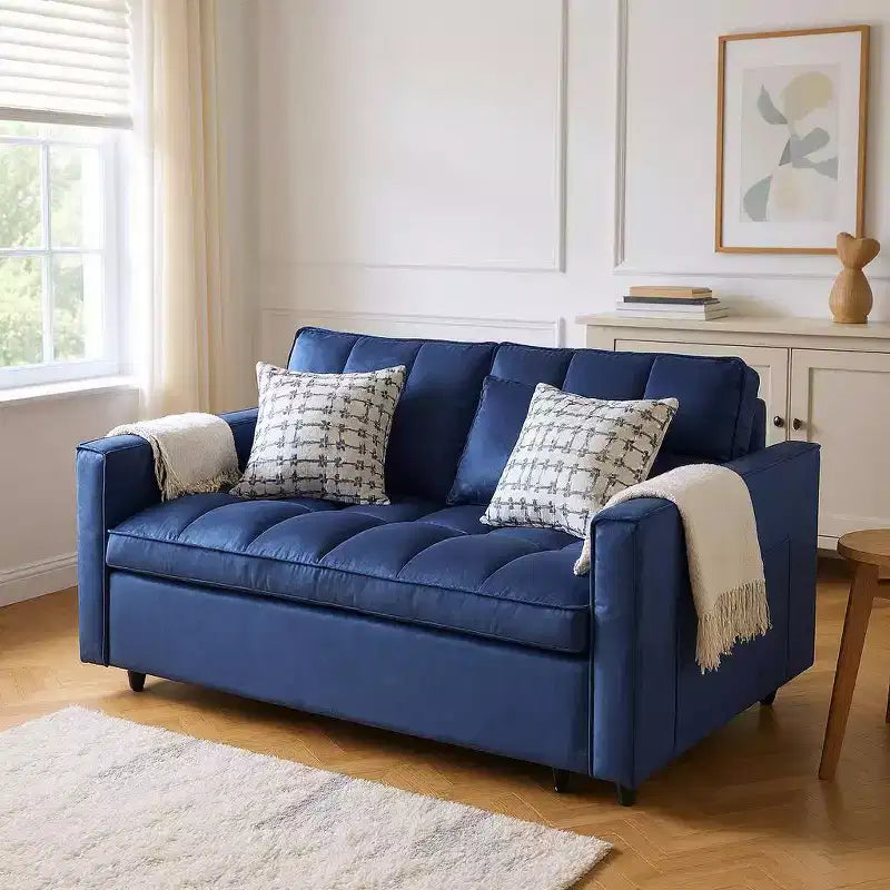 Sofá cama con respaldo ajustable, tapizado en pana, de madera, sofá biplaza, cama variable para sala de estar, azul