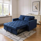 Sofá cama con respaldo ajustable, tapizado en pana, de madera, sofá biplaza, cama variable para sala de estar, azul