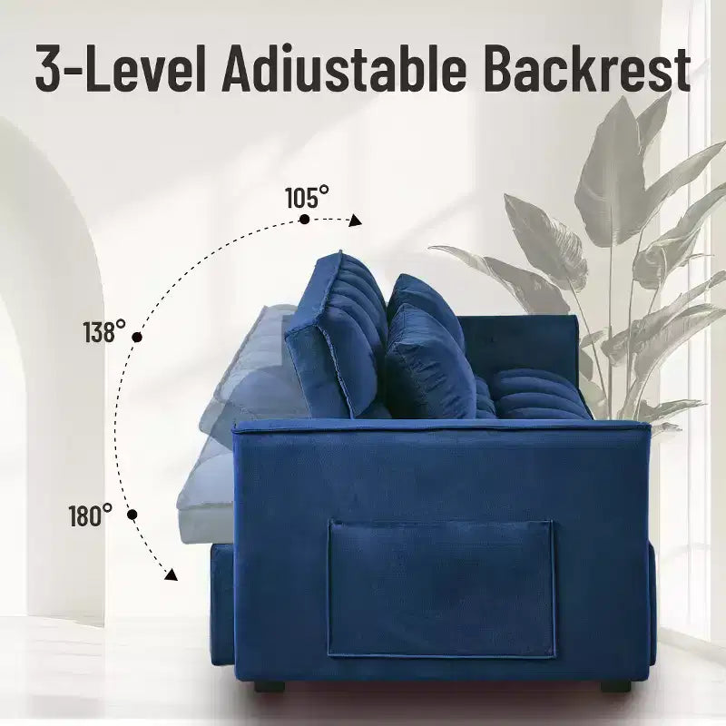 Sofá cama con respaldo ajustable, tapizado en pana, de madera, sofá biplaza, cama variable para sala de estar, azul