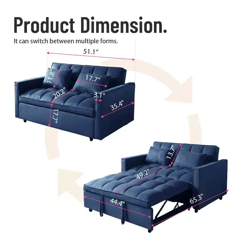 Sofá cama con respaldo ajustable, tapizado en pana, de madera, sofá biplaza, cama variable para sala de estar, azul