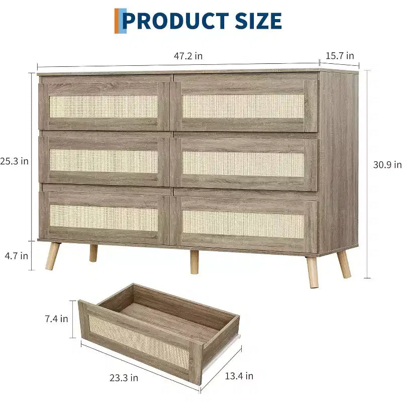 Cómodas de Madera para Dormitorio con 6 Cajones, Cómoda Ancha y Moderna para Sala de Estar, Pasillo