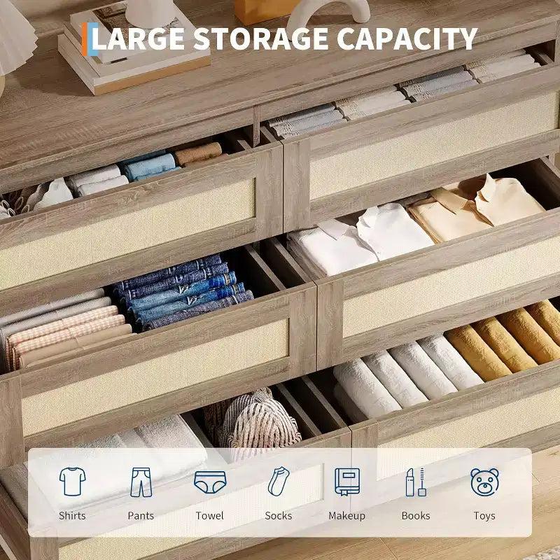 Cómodas de Madera para Dormitorio con 6 Cajones, Cómoda Ancha y Moderna para Sala de Estar, Pasillo