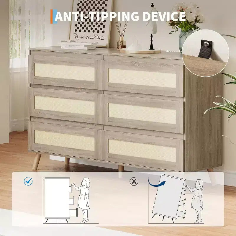 Cómodas de Madera para Dormitorio con 6 Cajones, Cómoda Ancha y Moderna para Sala de Estar, Pasillo