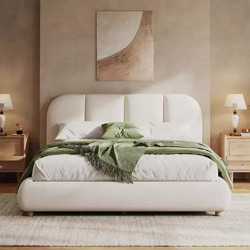 Christopher Knight Home Brady Upholstered Bed with Linen Fabric, Curved Design Headboard and Solid Wood Legs