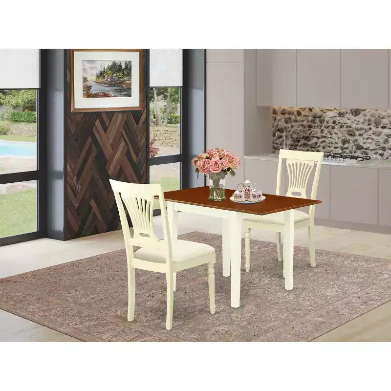 Mesa de comedor de madera maciza con acabado de suero de leche y cerezo