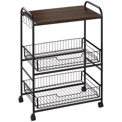 3 Tier Rolling Kitchen Cart with Storage, Kitchen Island Cart on Wheels with 2 Sliding Fruit Basket, Microwave Cart with Side Hooks for Dining Room