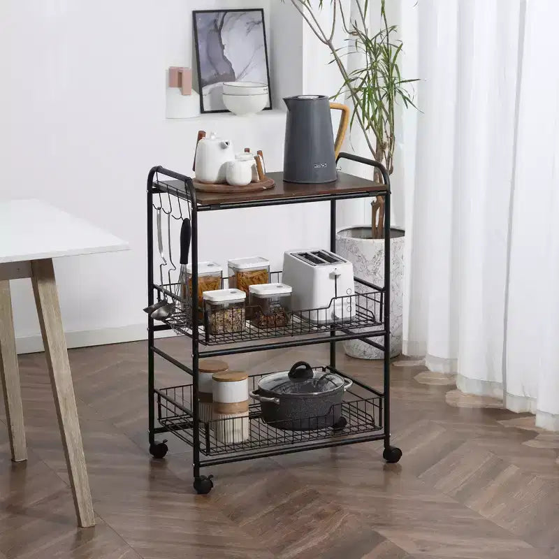 Carrito de cocina rodante de 3 niveles con almacenamiento, isla de cocina con ruedas con 2 cestas deslizantes para frutas, carrito de microondas con ganchos laterales para el comedor