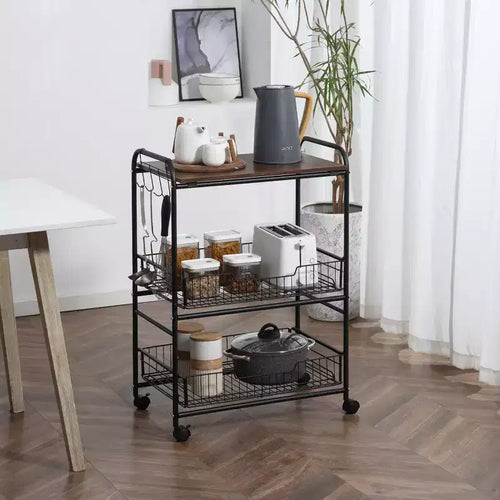 Carrito de cocina rodante de 3 niveles con almacenamiento, isla de cocina con ruedas con 2 cestas deslizantes para frutas, carrito de microondas con ganchos laterales para el comedor
