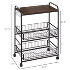 Carrito de cocina rodante de 3 niveles con almacenamiento, isla de cocina con ruedas con 2 cestas deslizantes para frutas, carrito de microondas con ganchos laterales para el comedor