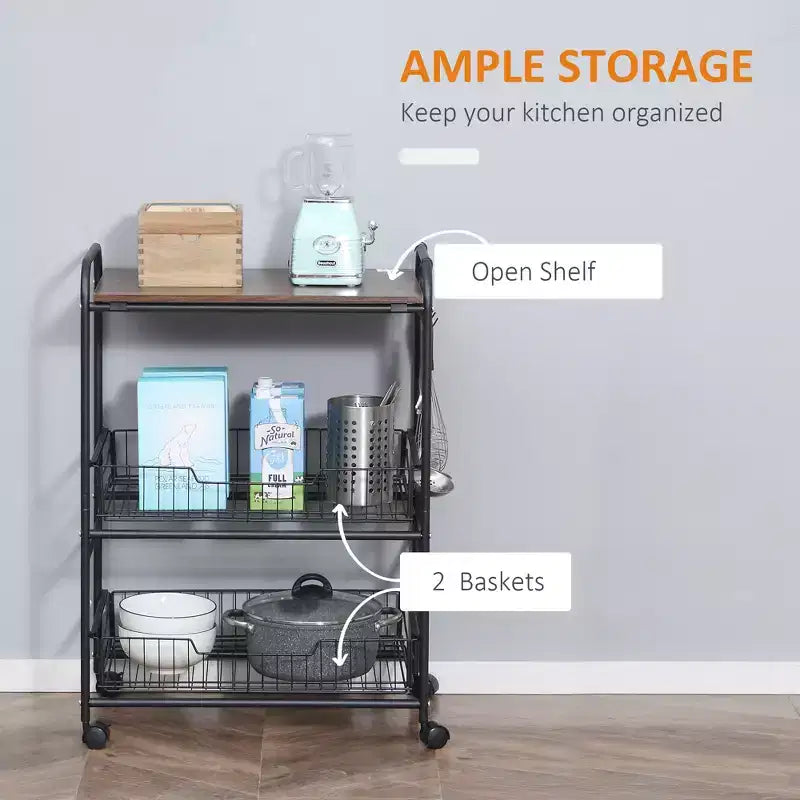 Carrito de cocina rodante de 3 niveles con almacenamiento, isla de cocina con ruedas con 2 cestas deslizantes para frutas, carrito de microondas con ganchos laterales para el comedor