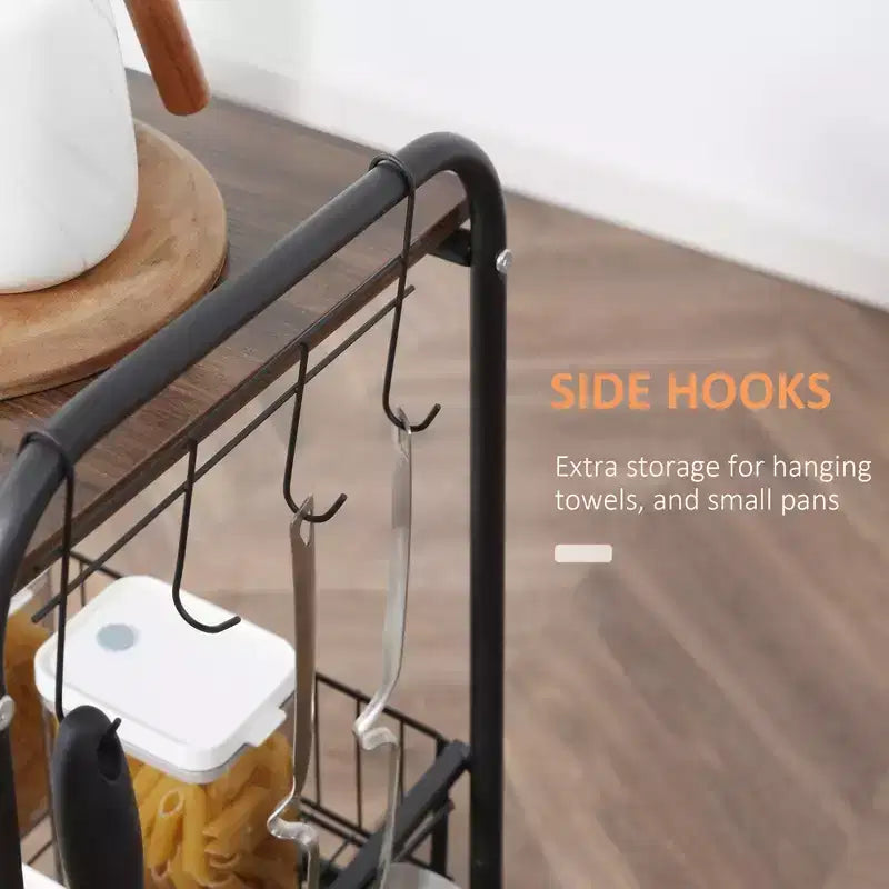 Carrito de cocina rodante de 3 niveles con almacenamiento, isla de cocina con ruedas con 2 cestas deslizantes para frutas, carrito de microondas con ganchos laterales para el comedor