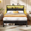 Full Size Platform Bed Frame With LED Lights Charging Station Storage Headboard Shelf 2 Fabric Drawers No Box Spring Needed Gaming Bedroom Teen USB