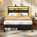 Full Size Platform Bed Frame With LED Lights Charging Station Storage Headboard Shelf 2 Fabric Drawers No Box Spring Needed Gaming Bedroom Teen USB