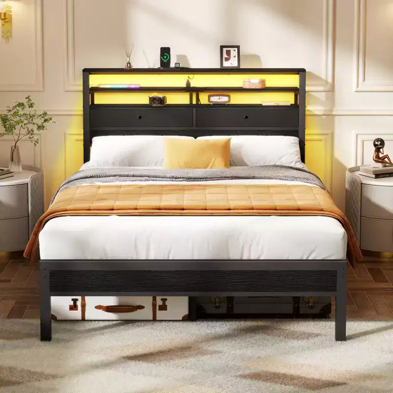 Full Size Platform Bed Frame With LED Lights Charging Station Storage Headboard Shelf 2 Fabric Drawers No Box Spring Needed Gaming Bedroom Teen USB